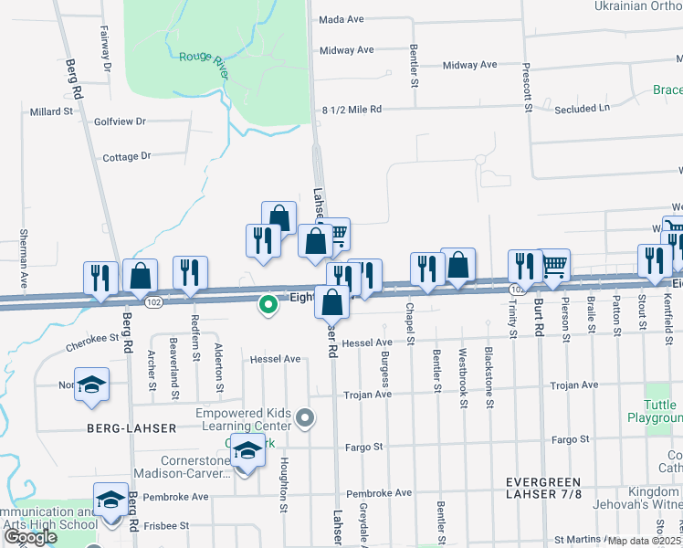 map of restaurants, bars, coffee shops, grocery stores, and more near 22000 Eight Mile West in Southfield