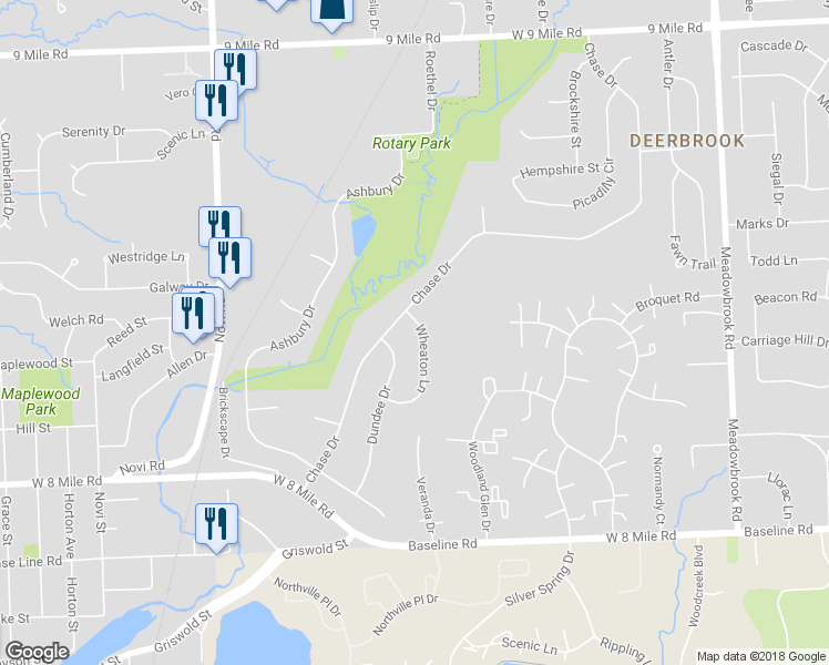 map of restaurants, bars, coffee shops, grocery stores, and more near 21345 Wheaton Lane in Novi