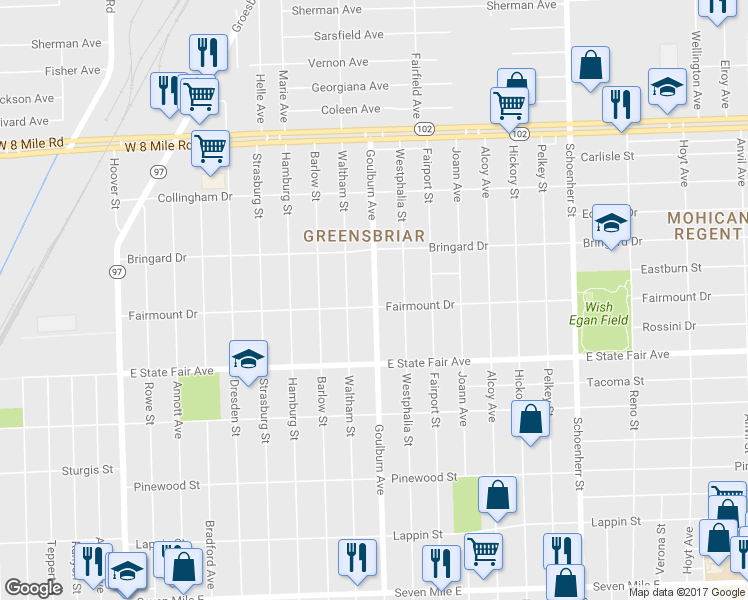 map of restaurants, bars, coffee shops, grocery stores, and more near 20019 Goulburn Street in Detroit