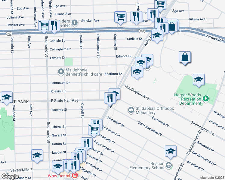 map of restaurants, bars, coffee shops, grocery stores, and more near 16695 Rossini Drive in Detroit