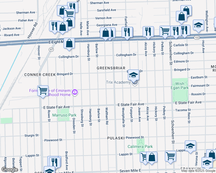 map of restaurants, bars, coffee shops, grocery stores, and more near 20010 Waltham Street in Detroit