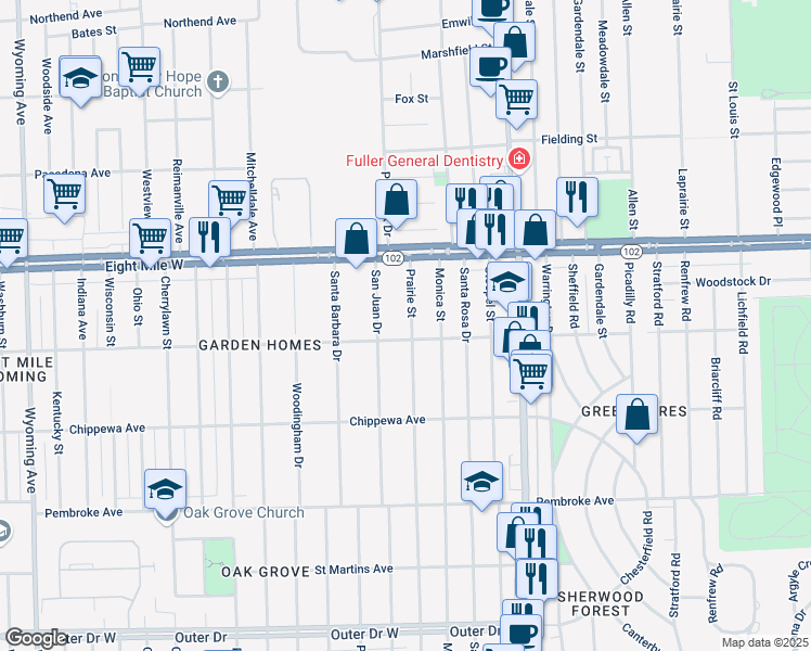 map of restaurants, bars, coffee shops, grocery stores, and more near 20425 Prairie Street in Detroit