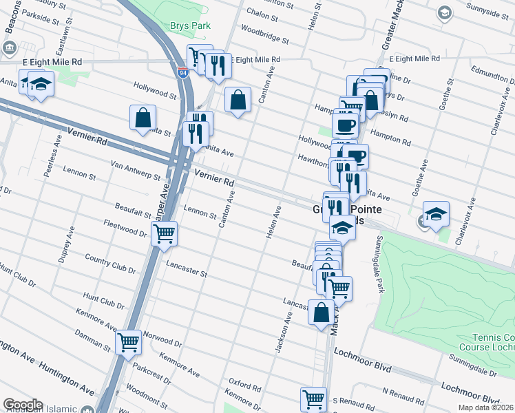 map of restaurants, bars, coffee shops, grocery stores, and more near 2156 Van Antwerp Street in Grosse Pointe Woods