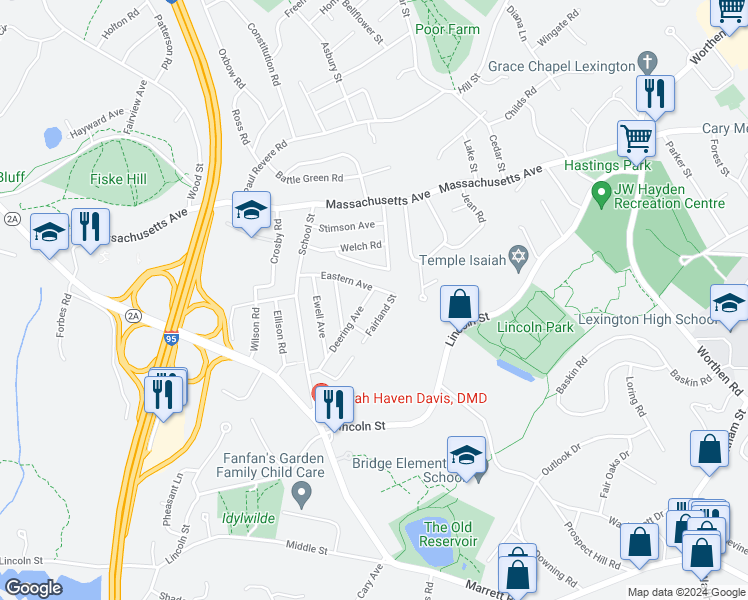 map of restaurants, bars, coffee shops, grocery stores, and more near 27 Deering Avenue in Lexington