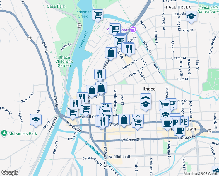 map of restaurants, bars, coffee shops, grocery stores, and more near 607 Cascadilla St in Ithaca