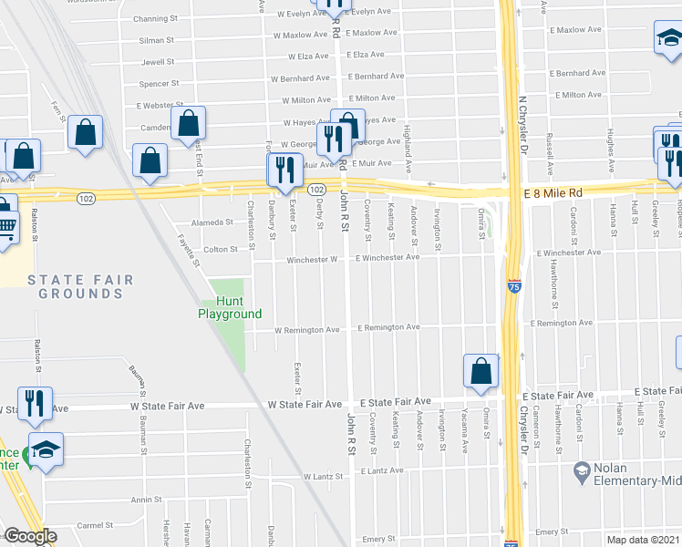 map of restaurants, bars, coffee shops, grocery stores, and more near 20237 John R Street in Highland Park