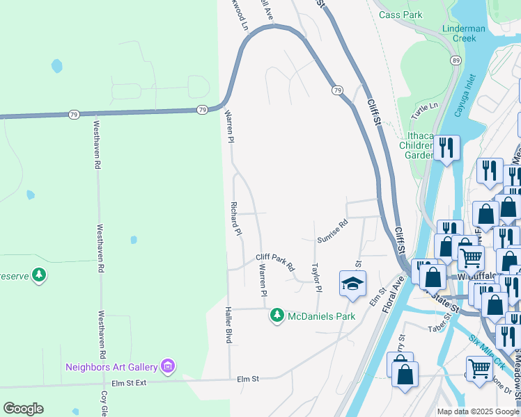 map of restaurants, bars, coffee shops, grocery stores, and more near 401 Warren Pl in Ithaca