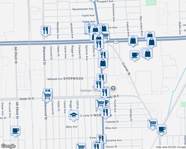 map of restaurants, bars, coffee shops, grocery stores, and more near 20124 Spencer Avenue in Detroit