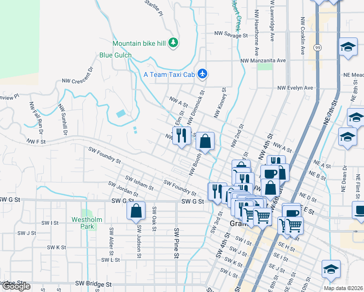 map of restaurants, bars, coffee shops, grocery stores, and more near 815 Northwest D Street in Grants Pass