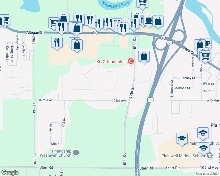map of restaurants, bars, coffee shops, grocery stores, and more near 1237 South Vanbruggen Drive in Plainwell