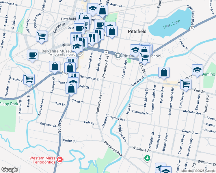 map of restaurants, bars, coffee shops, grocery stores, and more near 21 Whitehead Place in Pittsfield