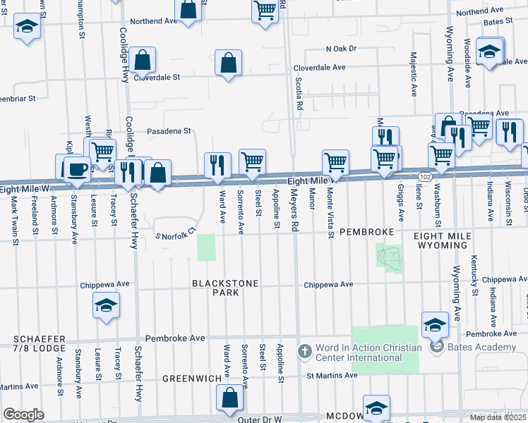 map of restaurants, bars, coffee shops, grocery stores, and more near 20459 Steel Street in Detroit