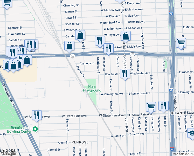 map of restaurants, bars, coffee shops, grocery stores, and more near 20303 Charleston Street in Highland Park