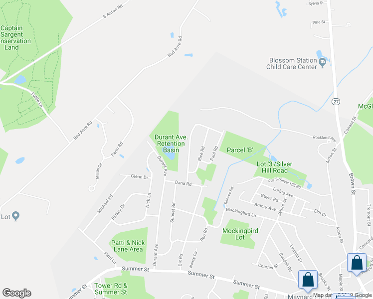 map of restaurants, bars, coffee shops, grocery stores, and more near 14 George Road in Maynard