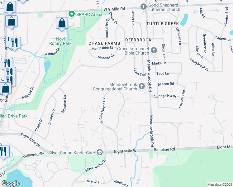 map of restaurants, bars, coffee shops, grocery stores, and more near 21324 East Glen Haven Circle in Northville