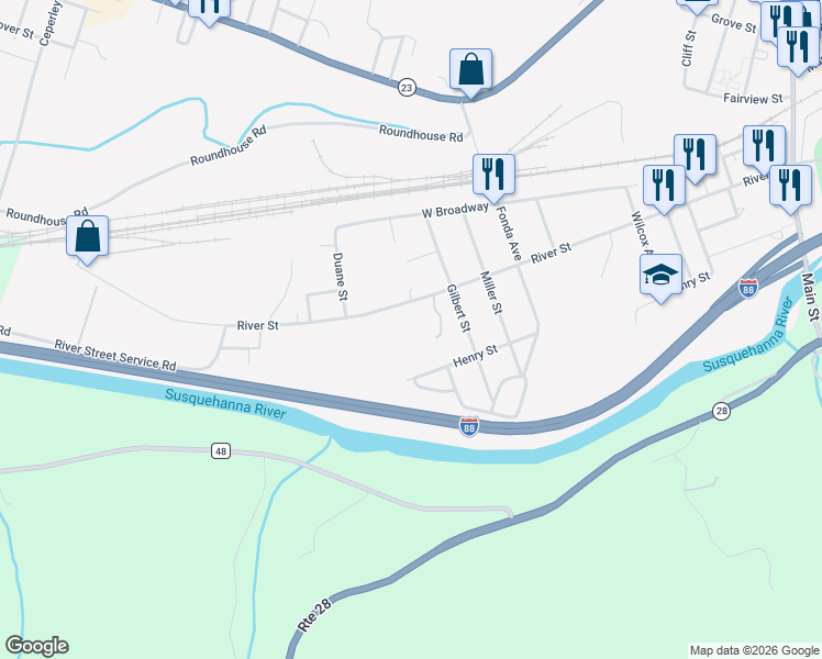 map of restaurants, bars, coffee shops, grocery stores, and more near 157 River St in Oneonta