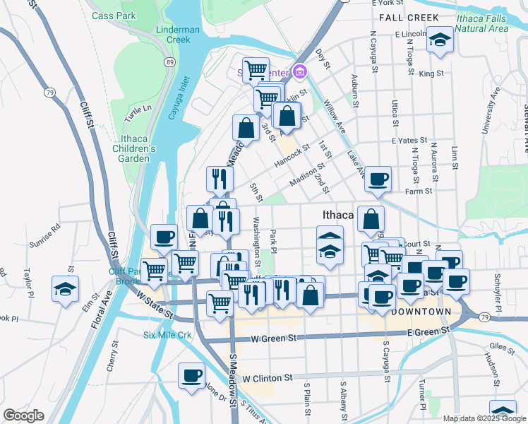 map of restaurants, bars, coffee shops, grocery stores, and more near 507 Cascadilla Street in Ithaca