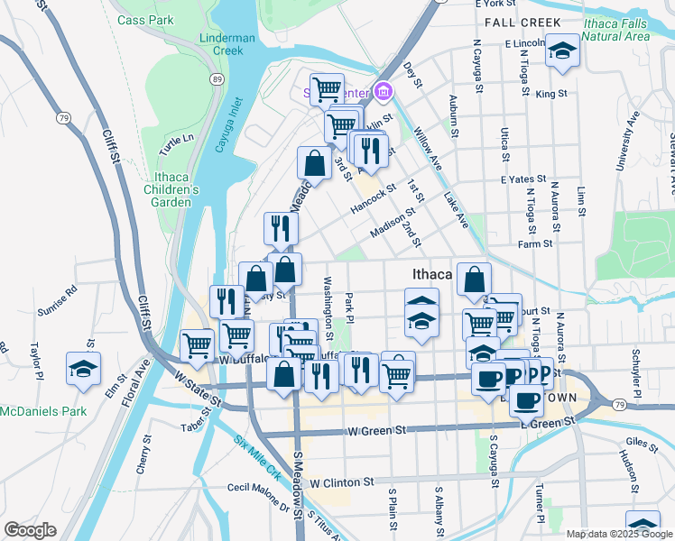 map of restaurants, bars, coffee shops, grocery stores, and more near 507 Cascadilla Street in Ithaca