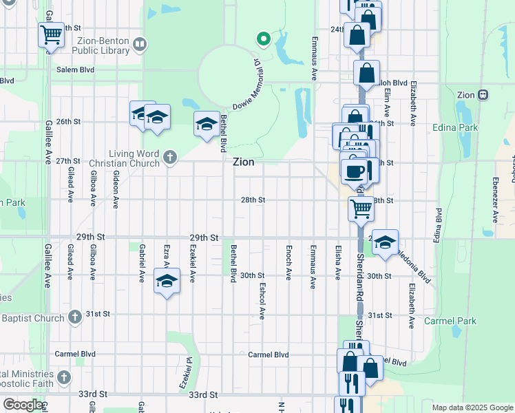 map of restaurants, bars, coffee shops, grocery stores, and more near 2802 Eshcol Avenue in Zion