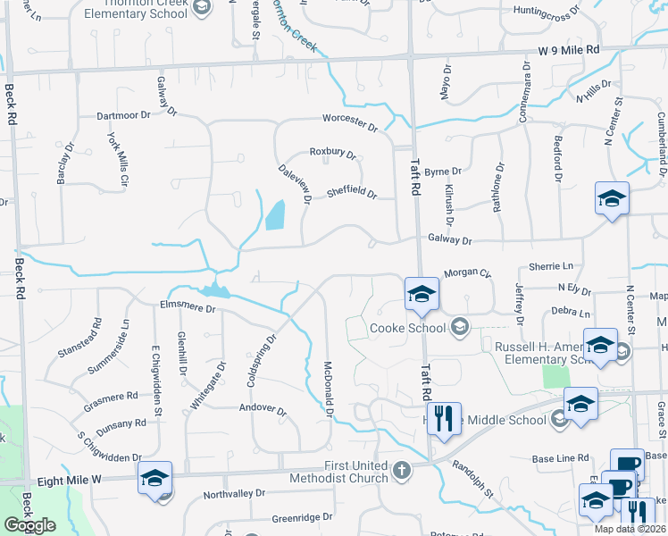 map of restaurants, bars, coffee shops, grocery stores, and more near 1025 Coldspring Drive in Northville