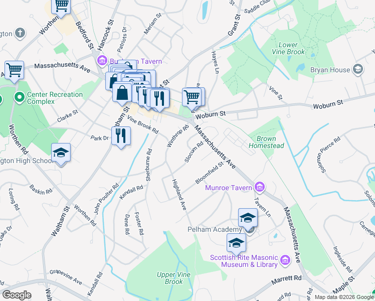 map of restaurants, bars, coffee shops, grocery stores, and more near 19 Slocum Road in Lexington