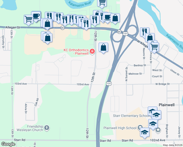 map of restaurants, bars, coffee shops, grocery stores, and more near 326 12th Street in Plainwell