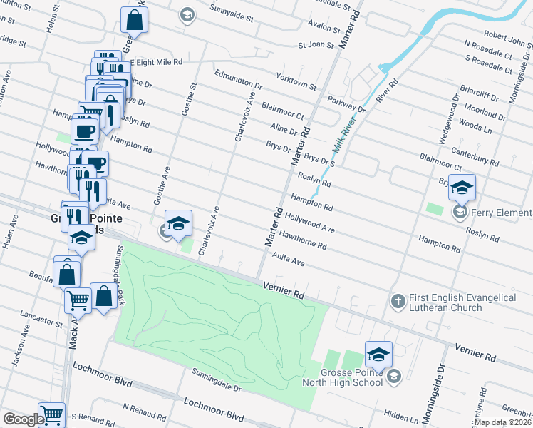 map of restaurants, bars, coffee shops, grocery stores, and more near 1327 Hollywood Avenue in Grosse Pointe Woods