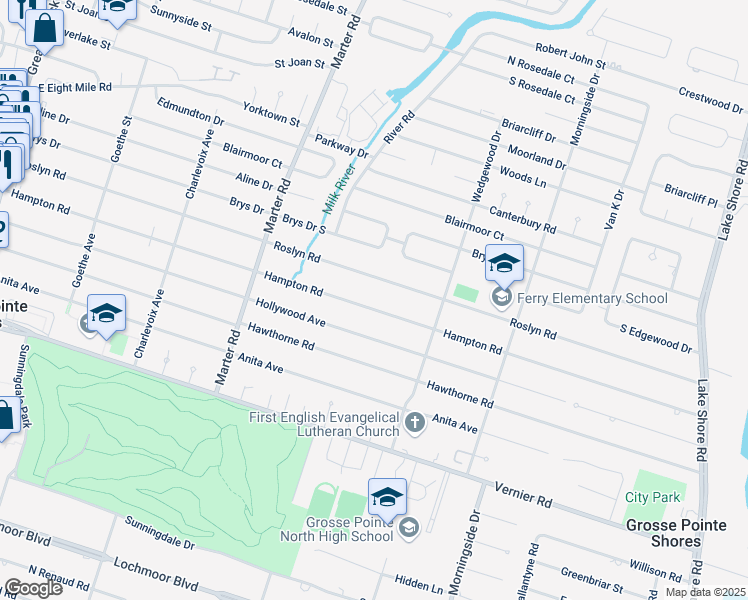 map of restaurants, bars, coffee shops, grocery stores, and more near 1010 Hampton Road in Grosse Pointe Woods