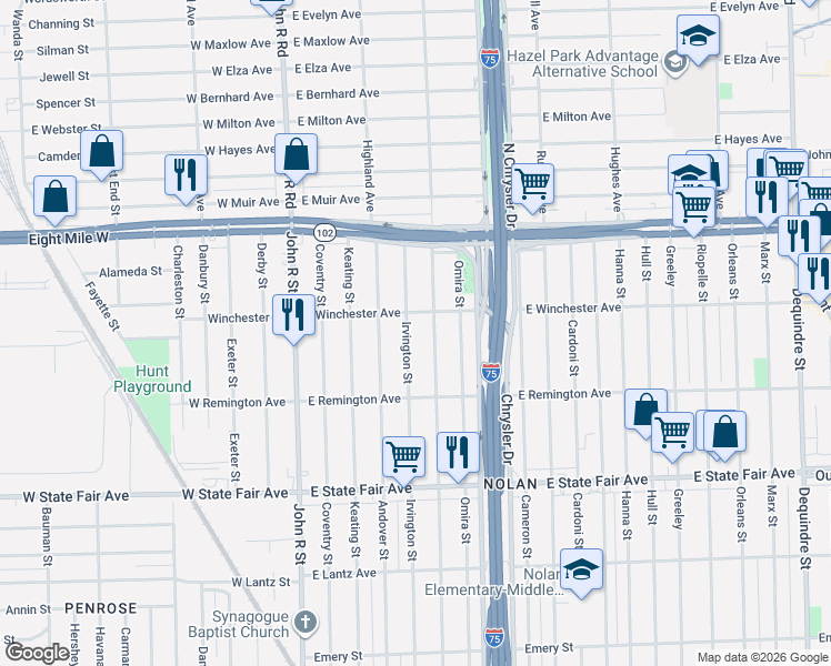 map of restaurants, bars, coffee shops, grocery stores, and more near 20213 Irvington Street in Highland Park