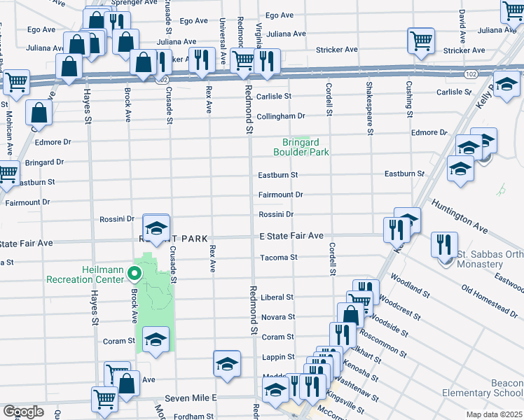 map of restaurants, bars, coffee shops, grocery stores, and more near 16027 Rossini Drive in Detroit