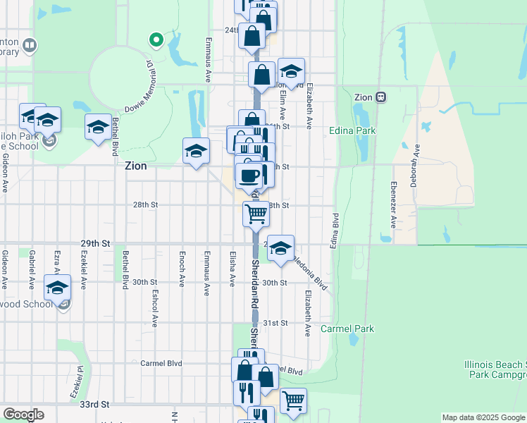 map of restaurants, bars, coffee shops, grocery stores, and more near 2803 Sheridan Road in Zion
