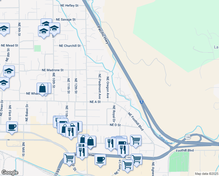 map of restaurants, bars, coffee shops, grocery stores, and more near 739 Northeast Oregon Avenue in Grants Pass