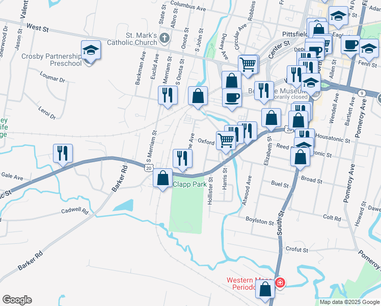 map of restaurants, bars, coffee shops, grocery stores, and more near 40 Hawthorne Avenue in Pittsfield