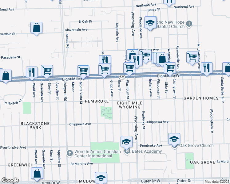 map of restaurants, bars, coffee shops, grocery stores, and more near 20450 Griggs Street in Detroit