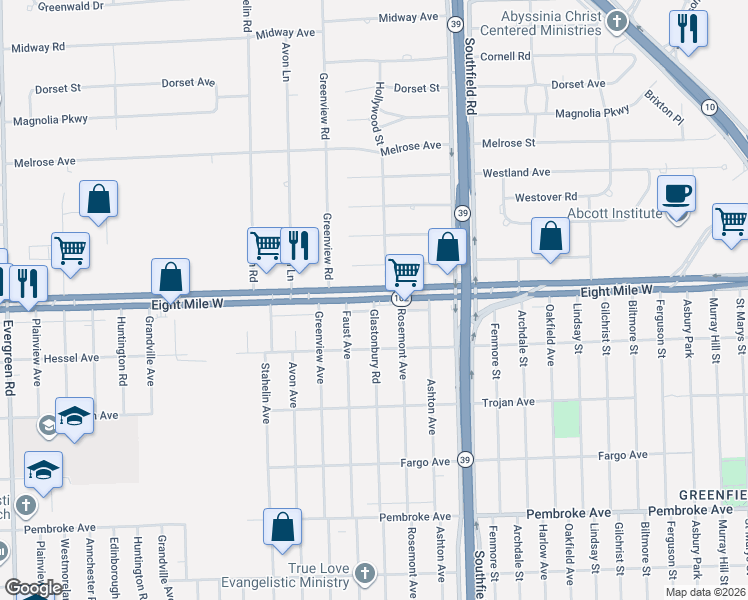 map of restaurants, bars, coffee shops, grocery stores, and more near West 8 Mile Road in Detroit