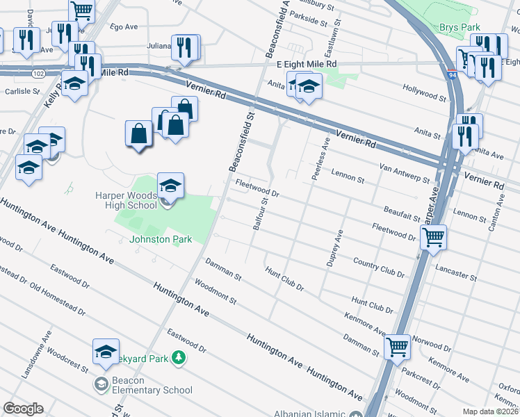 map of restaurants, bars, coffee shops, grocery stores, and more near 19777 Lancaster Street in Harper Woods