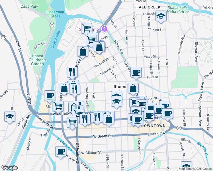 map of restaurants, bars, coffee shops, grocery stores, and more near 513 North Plain Street in Ithaca
