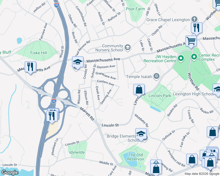 map of restaurants, bars, coffee shops, grocery stores, and more near 27 Deering Avenue in Lexington