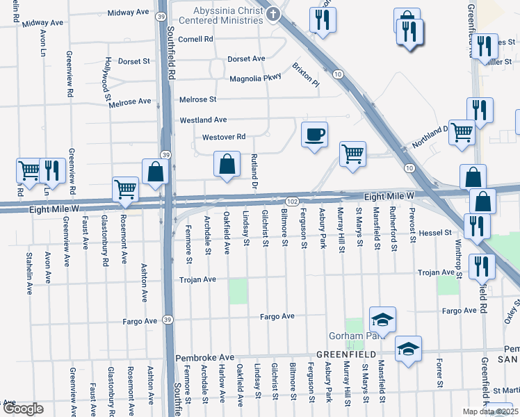 map of restaurants, bars, coffee shops, grocery stores, and more near 17221 Eight Mile Road in Detroit