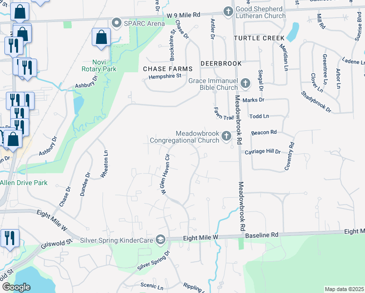 map of restaurants, bars, coffee shops, grocery stores, and more near 21330 Glen Haven Circle in Northville