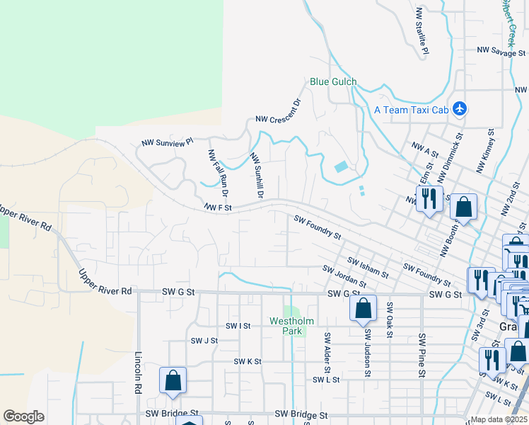 map of restaurants, bars, coffee shops, grocery stores, and more near 1535 Southwest Foundry Street in Grants Pass
