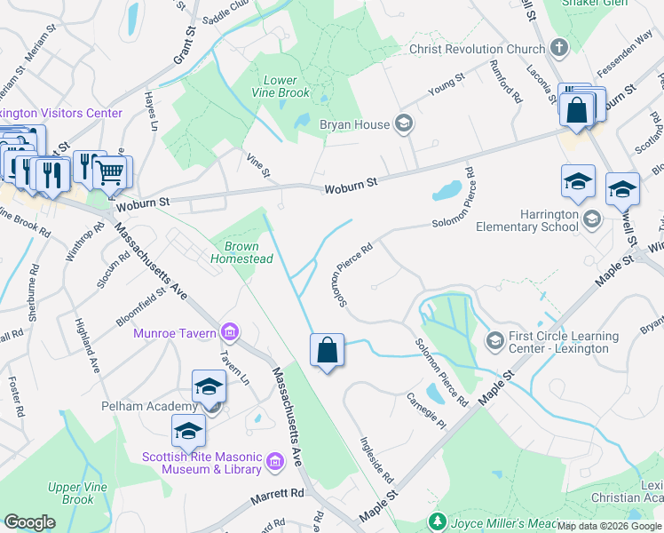 map of restaurants, bars, coffee shops, grocery stores, and more near 35 Solomon Pierce Road in Lexington