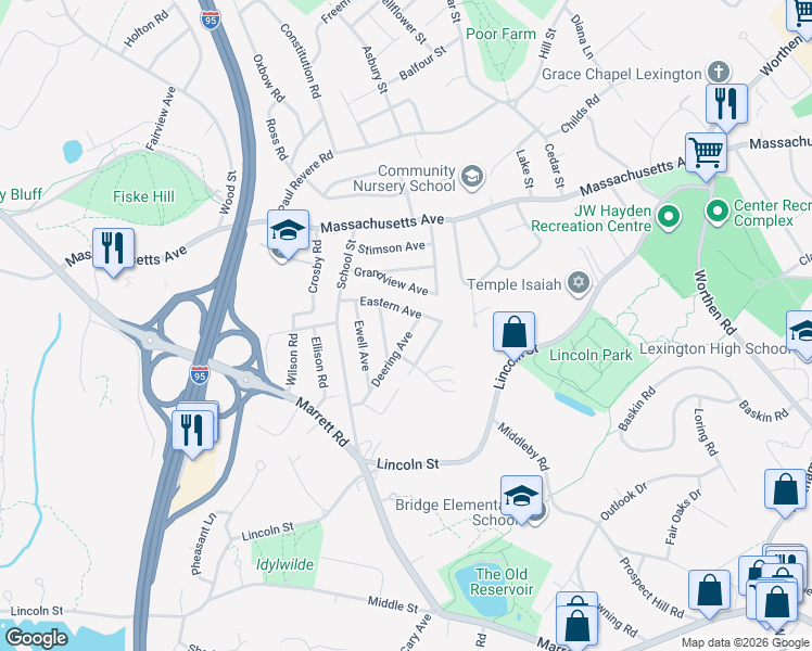 map of restaurants, bars, coffee shops, grocery stores, and more near 27 Deering Avenue in Lexington