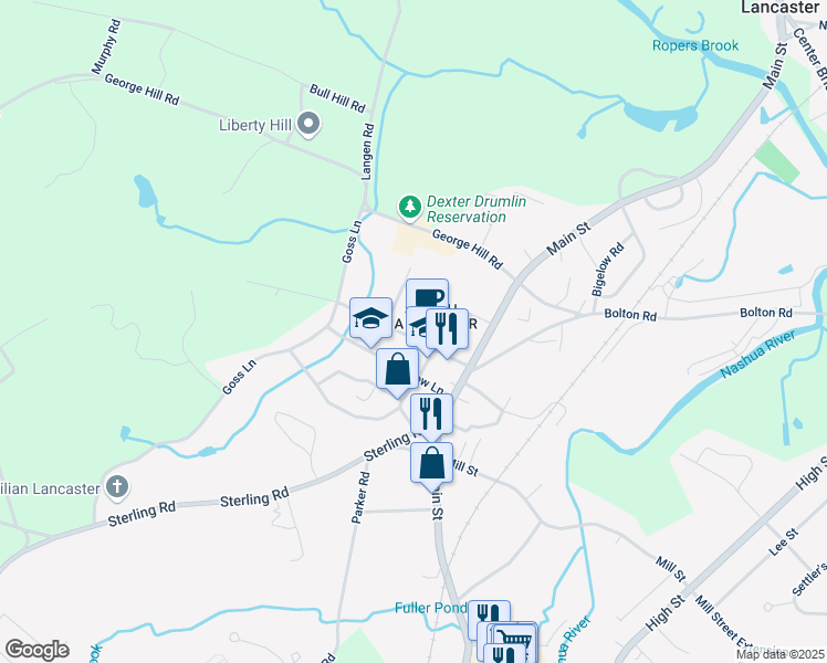 map of restaurants, bars, coffee shops, grocery stores, and more near 73 Prescott Street in Lancaster