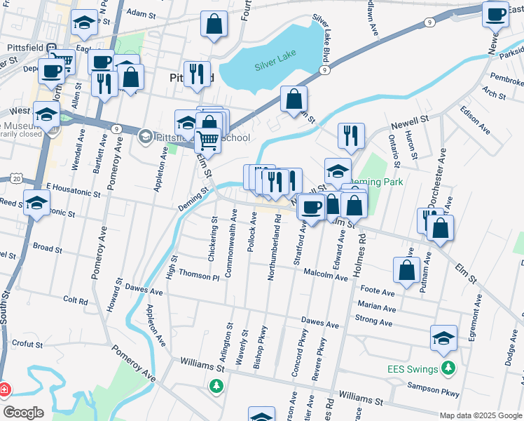 map of restaurants, bars, coffee shops, grocery stores, and more near 130 Elm St in Pittsfield
