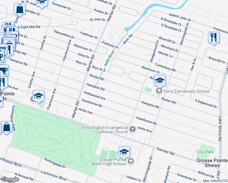 map of restaurants, bars, coffee shops, grocery stores, and more near 1010 Hampton Road in Grosse Pointe Woods