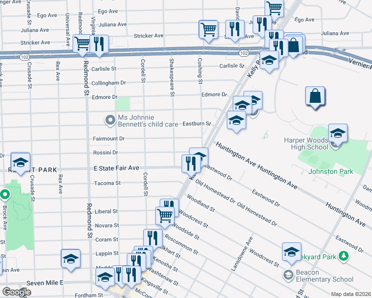 map of restaurants, bars, coffee shops, grocery stores, and more near 16695 Rossini Drive in Detroit