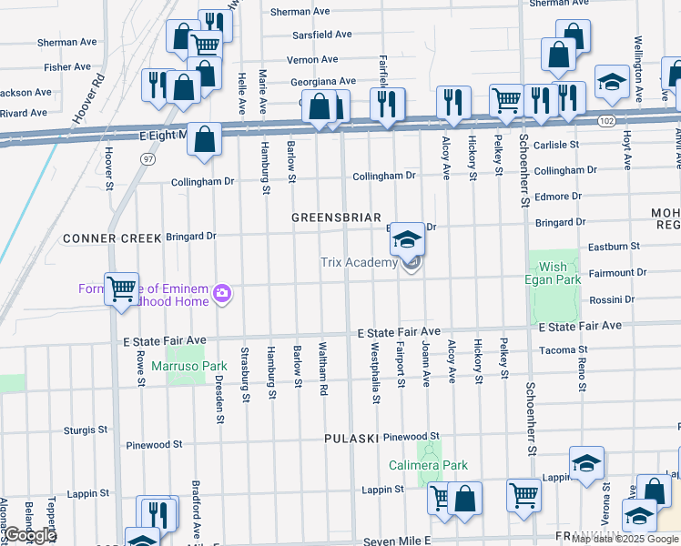 map of restaurants, bars, coffee shops, grocery stores, and more near 20010 Waltham Street in Detroit