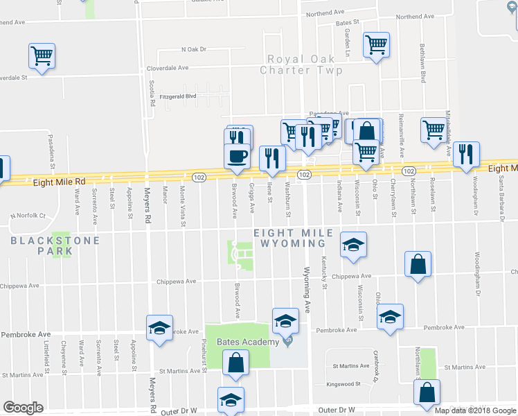 map of restaurants, bars, coffee shops, grocery stores, and more near 20450 Griggs Street in Detroit