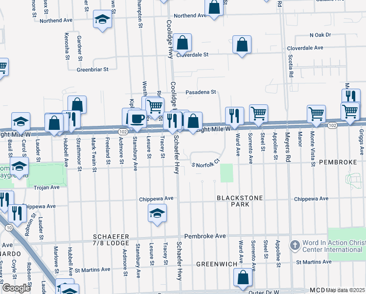 map of restaurants, bars, coffee shops, grocery stores, and more near 20461 Schaefer Highway in Detroit